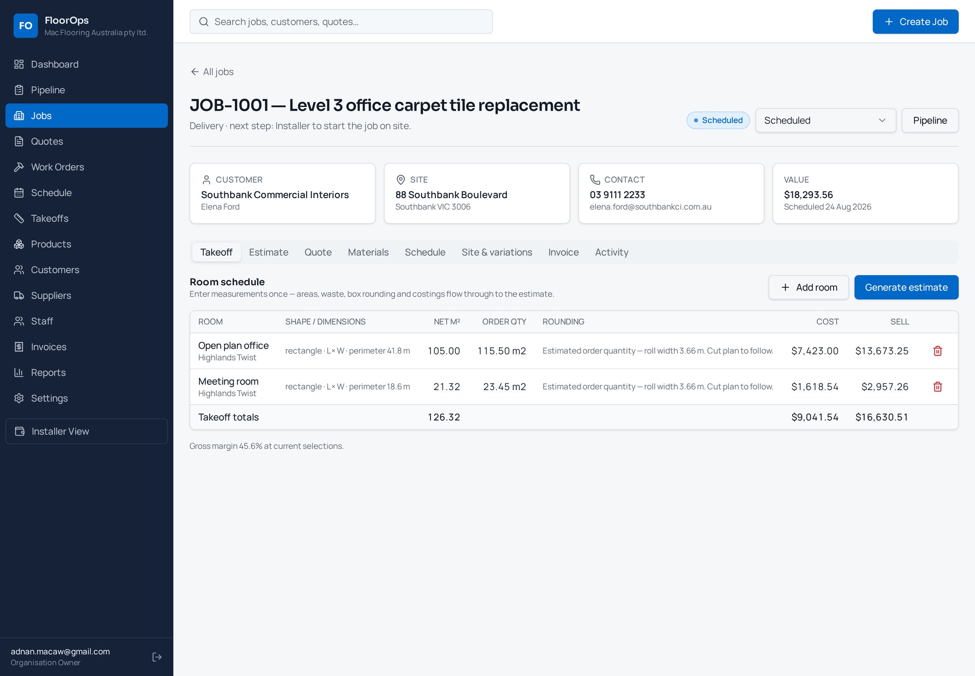 Room schedule with live quantity and cost calculations
